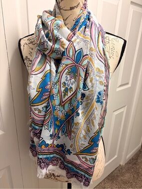 LOFT White Paisley Scarf with Blue, Pink & Gold Accents